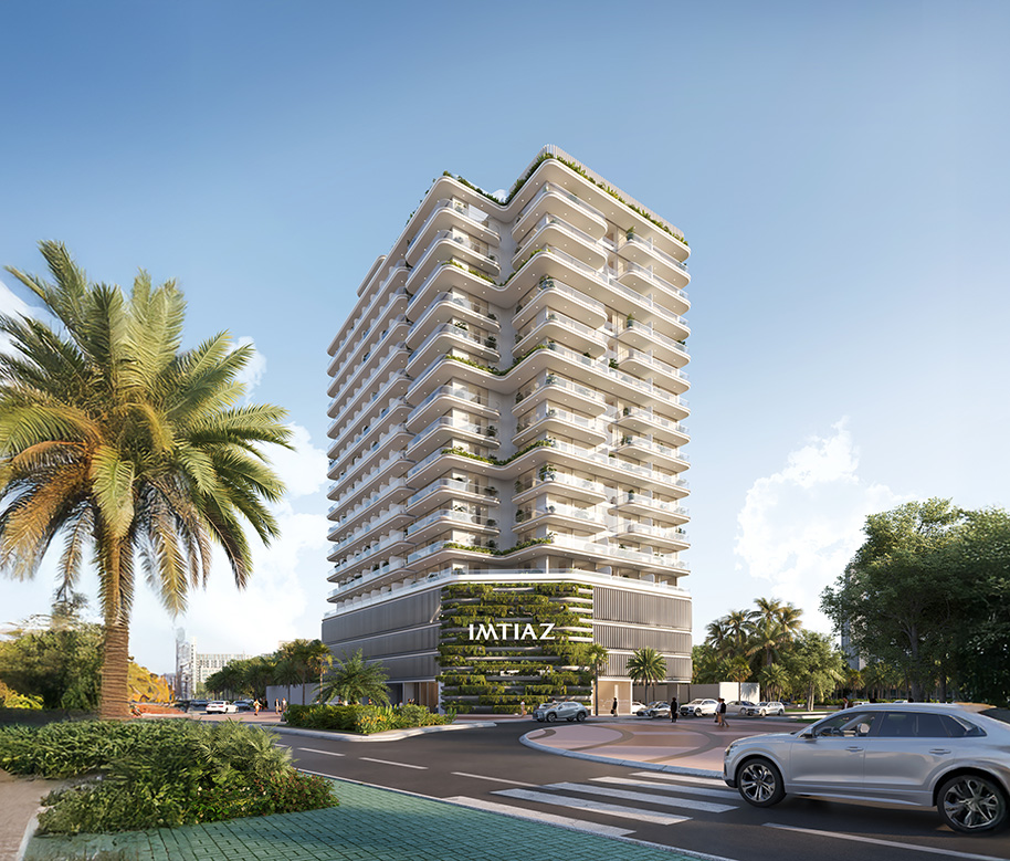 Properties A modern high-rise building with balconies, greenery, palm trees, and a clear blue sky in an urban setting.